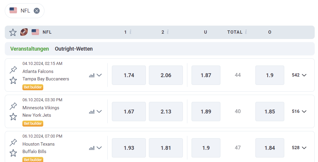 Screenshot von NFL Wetten bei 20Bet.