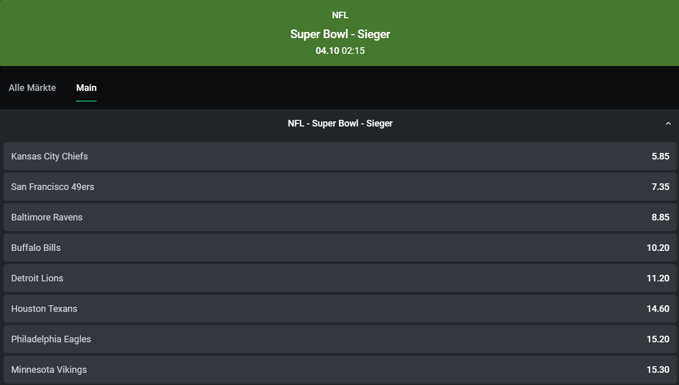 Screenshot von Super Bowl Sieger Quoten bei Leonbet.