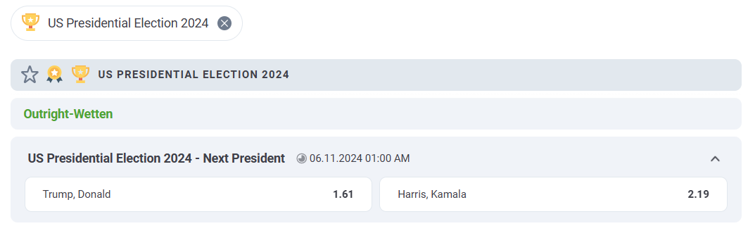 Screenshot der US Wahl Quote bei 20Bet.