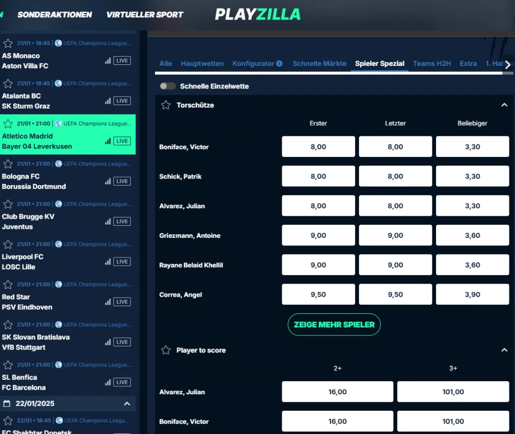 Wetten auf Torschützen bei PlayZilla