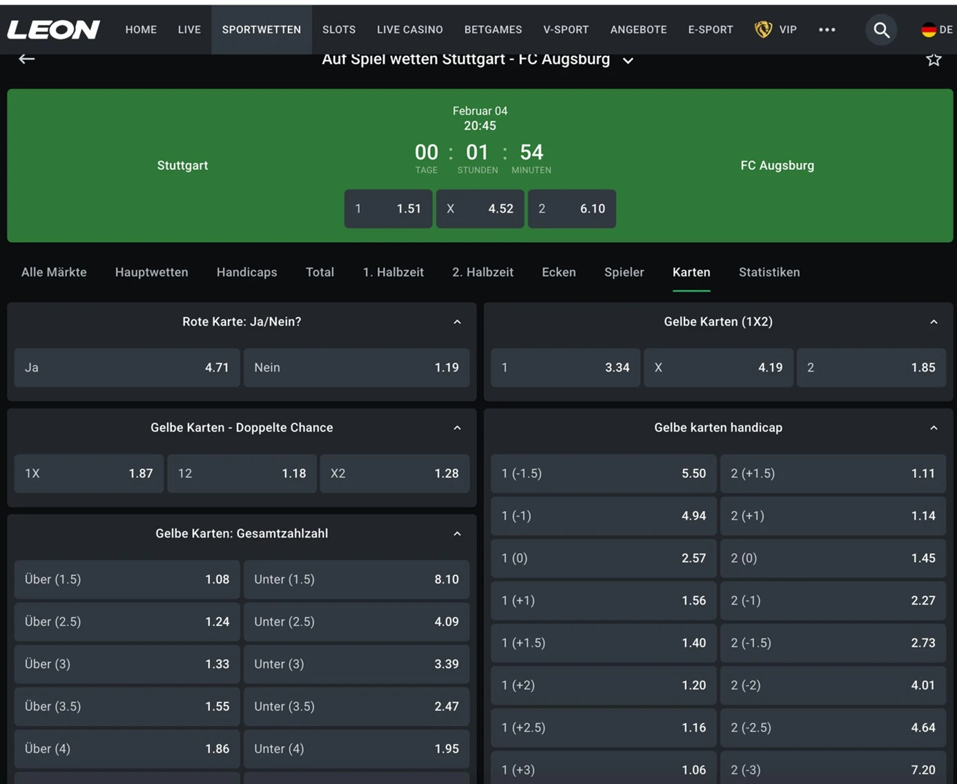 Gelbe Karten Wetten beim Wettanbieter Leonbet