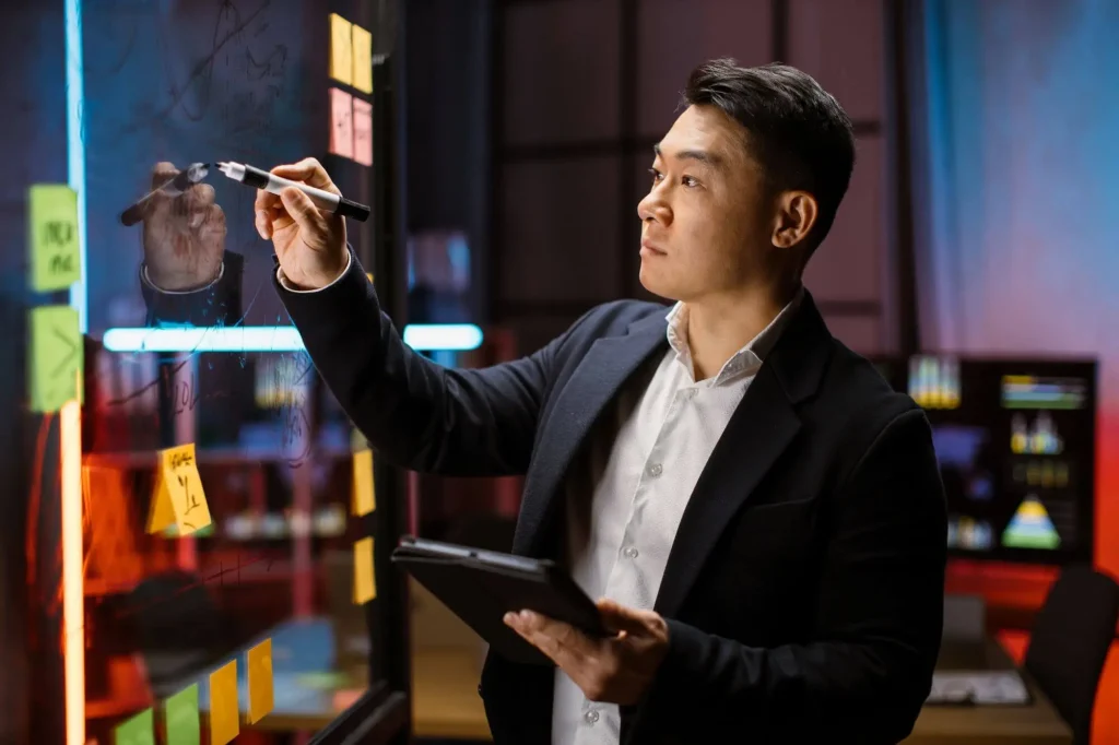 Ein Analyst studiert Wetten ohne Risiko an einem Whiteboard