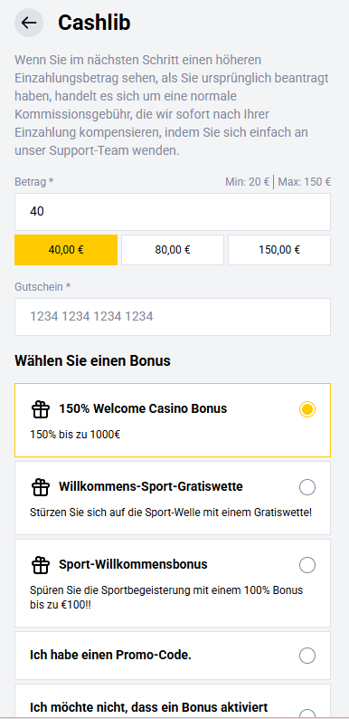 Cashlib Sportwetten beim Wettanbieter Betizy