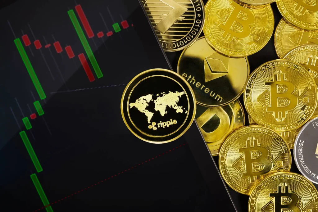 Kryptowährungen als Münzen mit Diagrammen