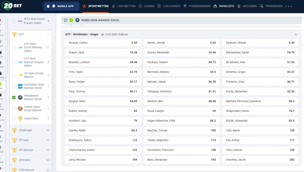 Wimbledon 2025 Wetten bei 20Bet