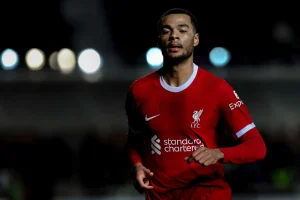 Cody Gakpo im Trikot des FC Liverpool läuft über das Spielfeld