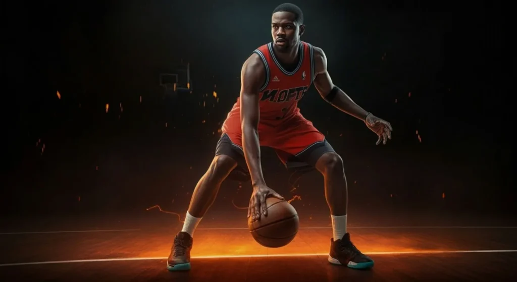 Basketballer beim Dribbling im Dunkeln