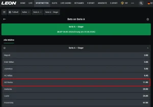 Tipps auf den Meister in der italienische Serie A beim Wettanbieter Leonbet