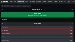 Wetten auf den Meister in der spanischen Liga beim Wettanbieter Leonbet