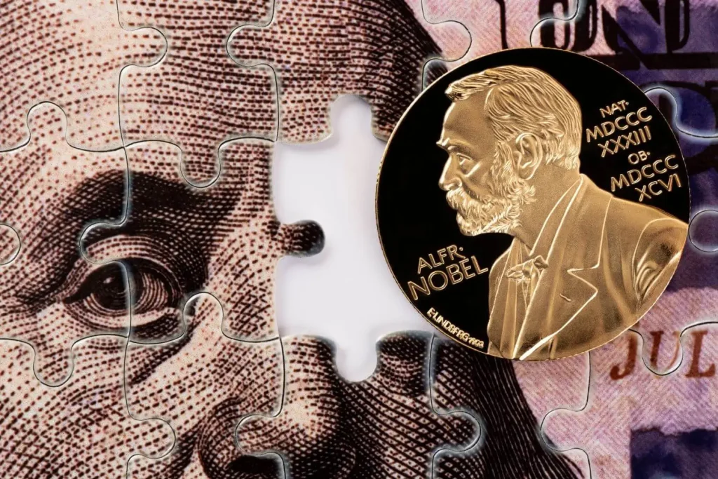 Nobelpreis Medaille auf einem Puzzle mit einem fehlenden Teil