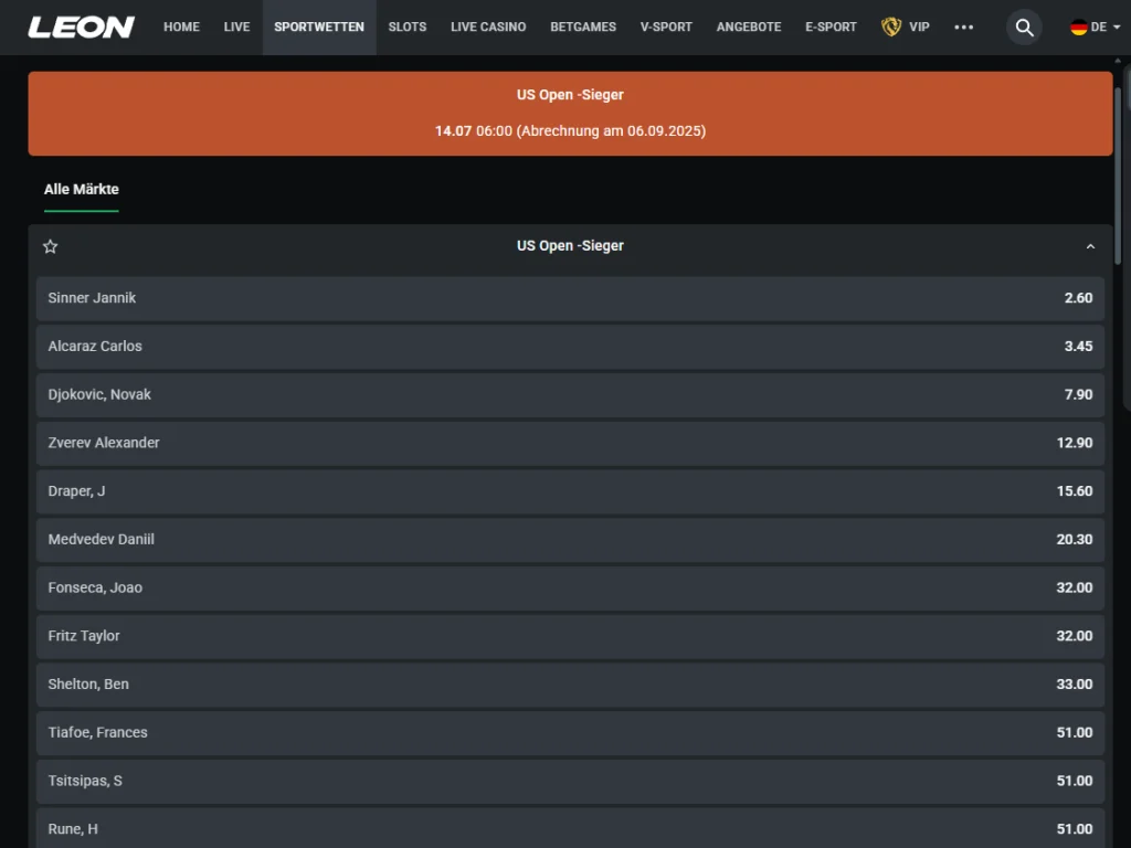 Aktuelle US Open 2025 Wettquoten bei Leonbet