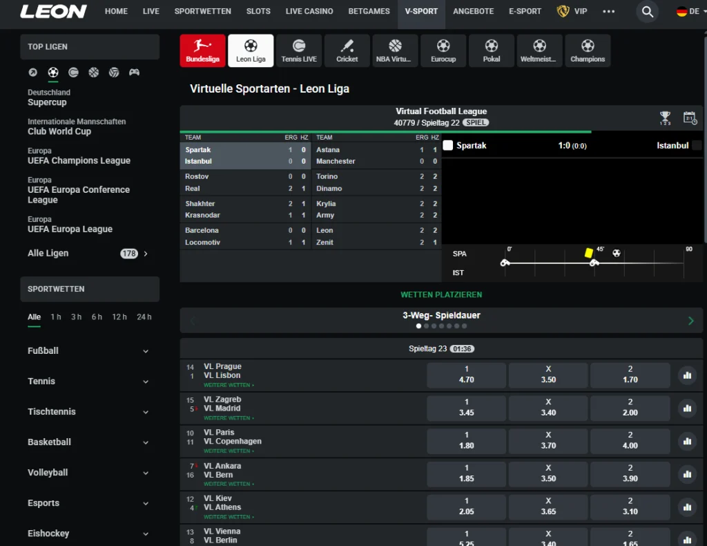 Bereich für virtuelle Sportwetten bei Leonbet