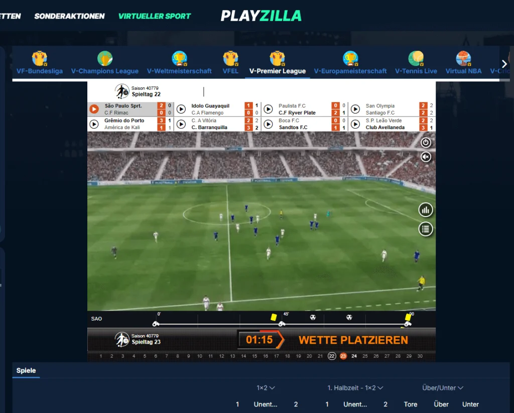 Bereich für virtuelle Sportwetten bei PlayZilla