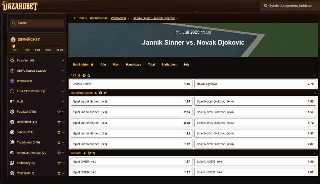 Bereich für Wimbledon 2025 Wetten bei DazardBet