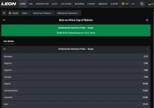 Übersicht über die Quoten für die Africa Cup 2025 Favoriten beim Wettanbieter Leonbet