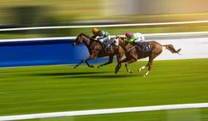 Zwei Pferde im Kopf-an-Kopf-Rennen beim Galopp