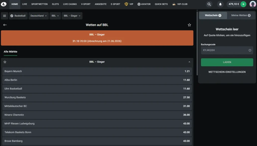 Langzeitwetten und Quoten auf den Meisterschaftstitel der BBL beim BBL Wettanbieter Leonbet