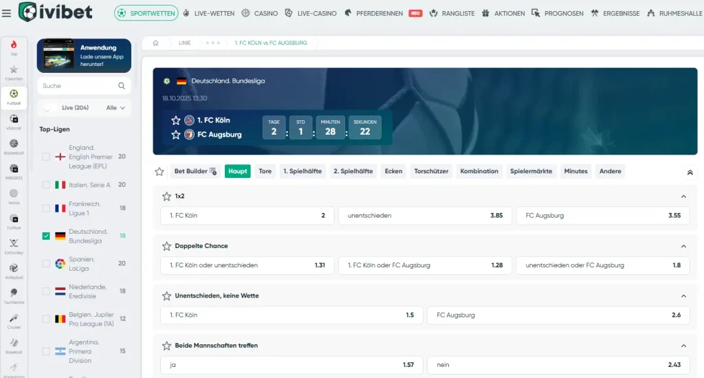 Einblick in die Wettauswahl für ein Bundesliga Spiel von FC Koeln gegen FC Augsburg beim Bundesliga Wettanbieter Ivibet