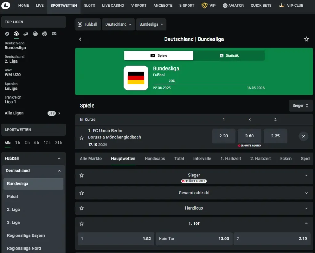 Einblick in das Wettangebot zu Bundesliga Spielen beim Bundesliga Wettanbieter Leonbet