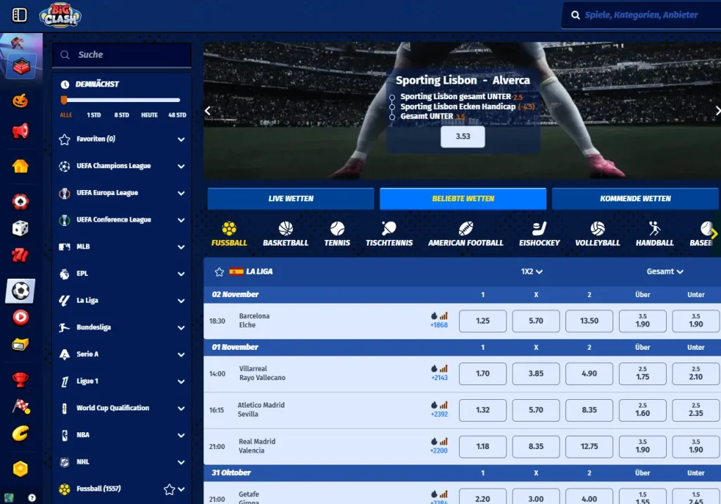 Auszug aus dem Sportwettenprogramm vom neuen Wettanbieter BigClash