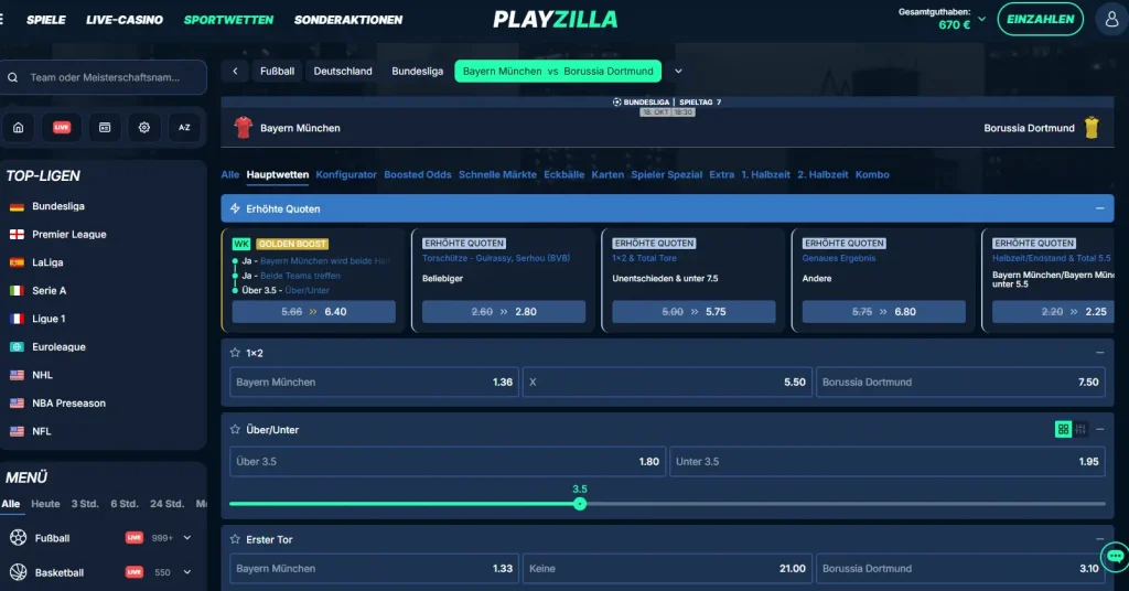 Einblick in die Wettauswahl für ein Bundesliga Spiel von Bayern Muenchen gegen Borussia Dortmund beim Bundesliga Wettanbieter PlayZilla