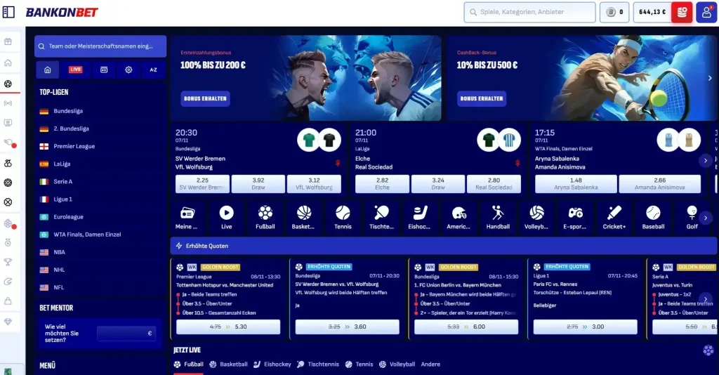 Einblick in die Sportwetten Seite mit Wettangebot vom Wettanbieter ohne LUGAS Bankonbet