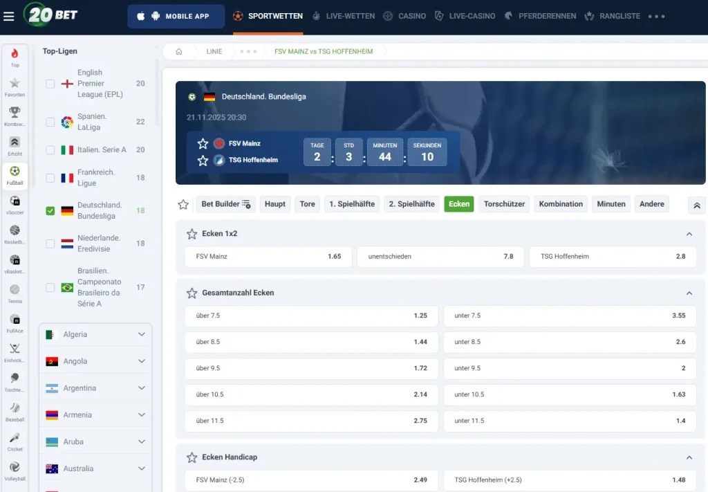 Einblick in die Quoten für Ecken Wetten von 20Bet bei dem Bundesliga Spiel Mainz gegen Hoffenheim