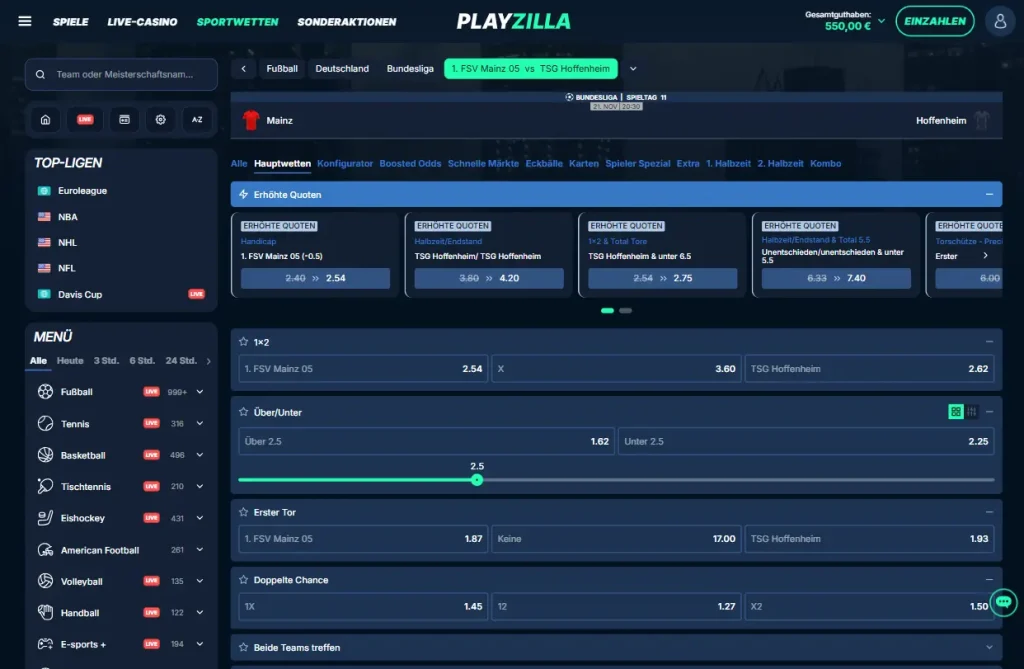 Einblick in die Auswahl und Quoten für Ecken Wetten bei PlayZilla für die Bundesliga Begegnung zwischen FSV Mainz und 1899 Hoffenheim