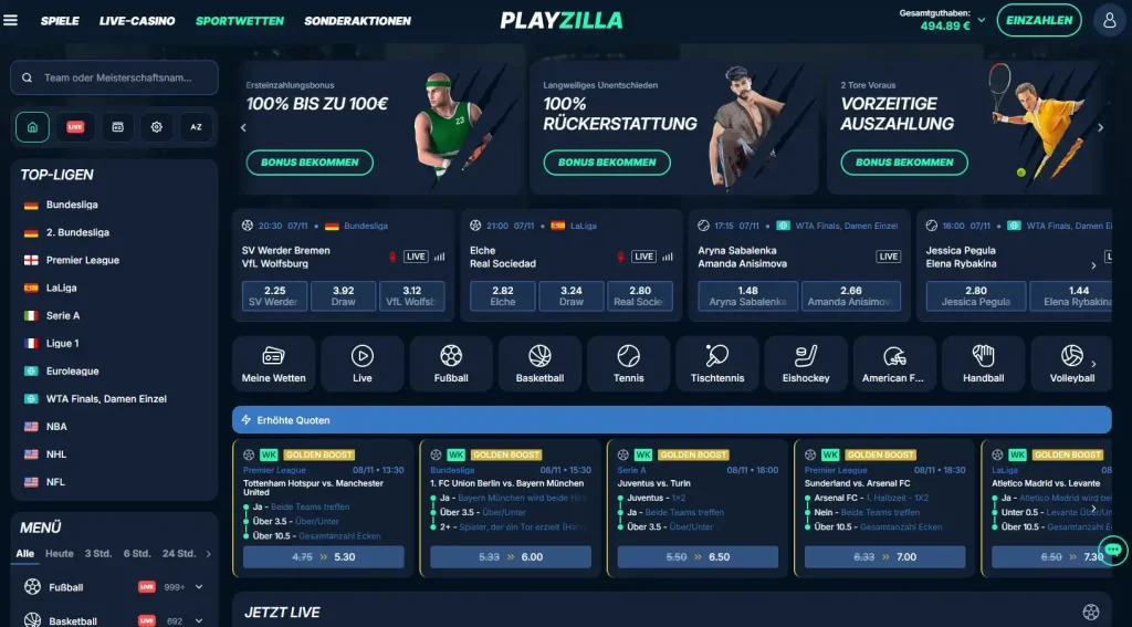 Sportwetten Seite mit Einblick in das Wettangebot vom Wettanbieter ohne LUGAS PlayZilla