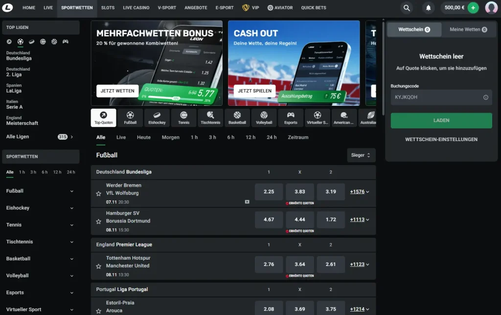 Sportwetten Seite mit Top-Quten vom Wettanbieter ohne LUGAS Leonbet