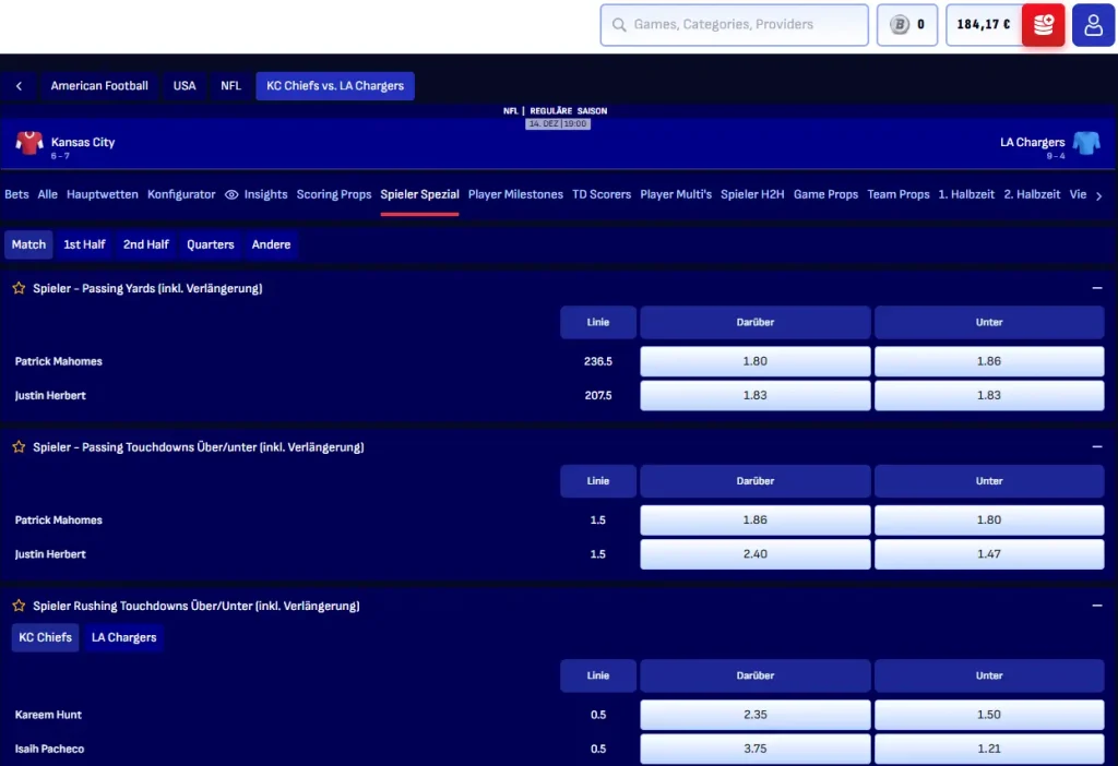 Einblick in die Auswahl und Quoten von Spieler NFL Wetten bei Bankonbet