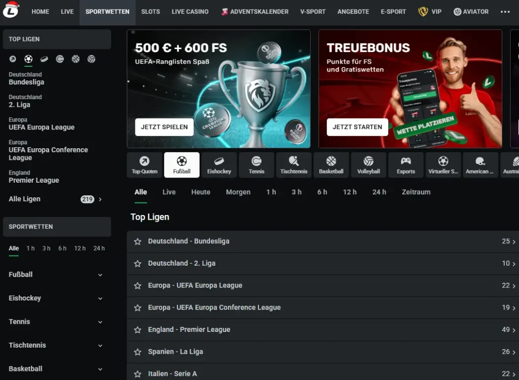 Einblick in das Sportwettenprogramm fuer Fussball Wetten beim Curacao Wettanbieter Leonbet