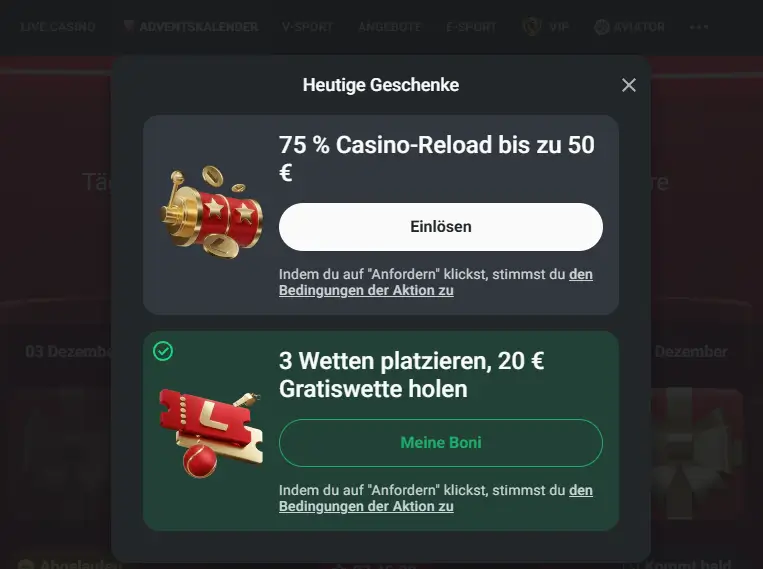 Bonusangebote aus dem Sportwetten Adventskalender vom Wettanbieter Leonbet