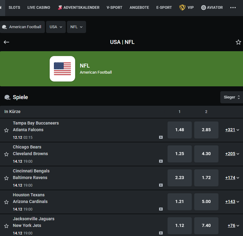 Siegerquoten von anstehenden NFL-Spielen für NFL Wetten bei Leonbet
