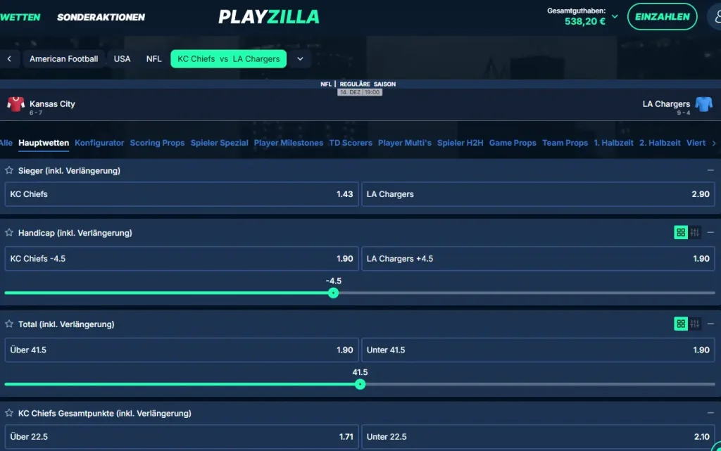 Einblick in die Quoten und Optionen an NFL Wetten bei PlayZilla
