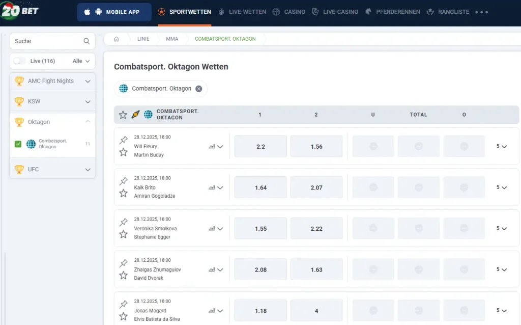 Anstehende MMA Kaempfe fuer Oktagon Wetten bei 20Bet