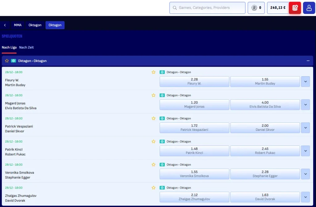 Auszug aus den Wettquoten fuer Oktagon Wetten bei Bankonbet