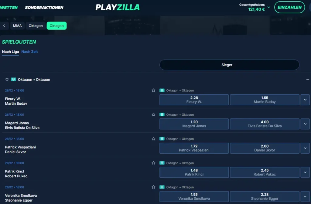 Einblick in die Quoten fuer Oktagon Wetten bei PlayZilla