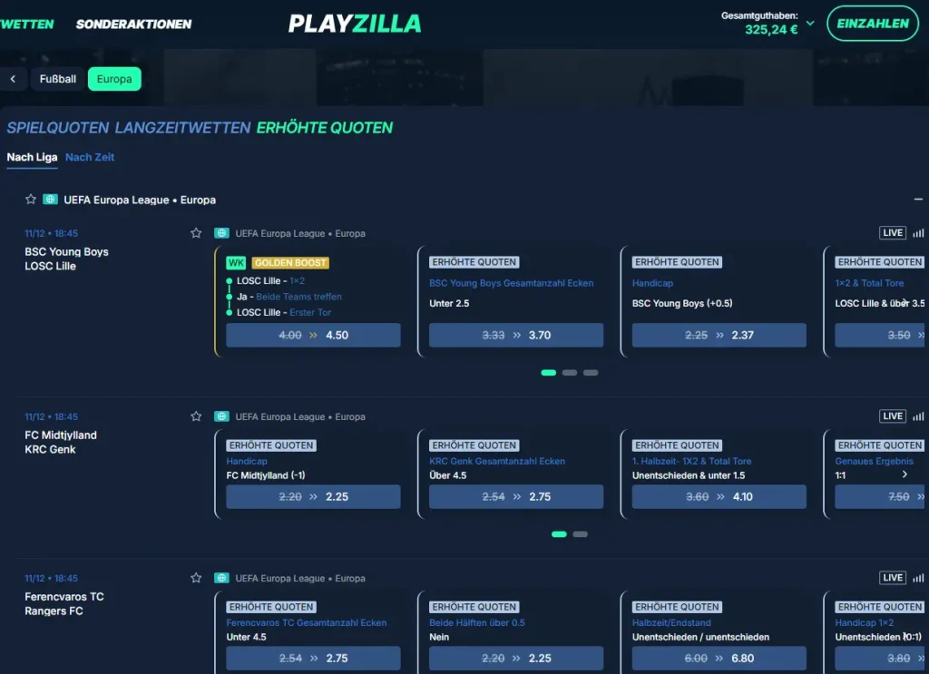 Curacao Wettanbieter PlayZilla mit erhoehten Quoten auf Spiele der UEFA Europa League