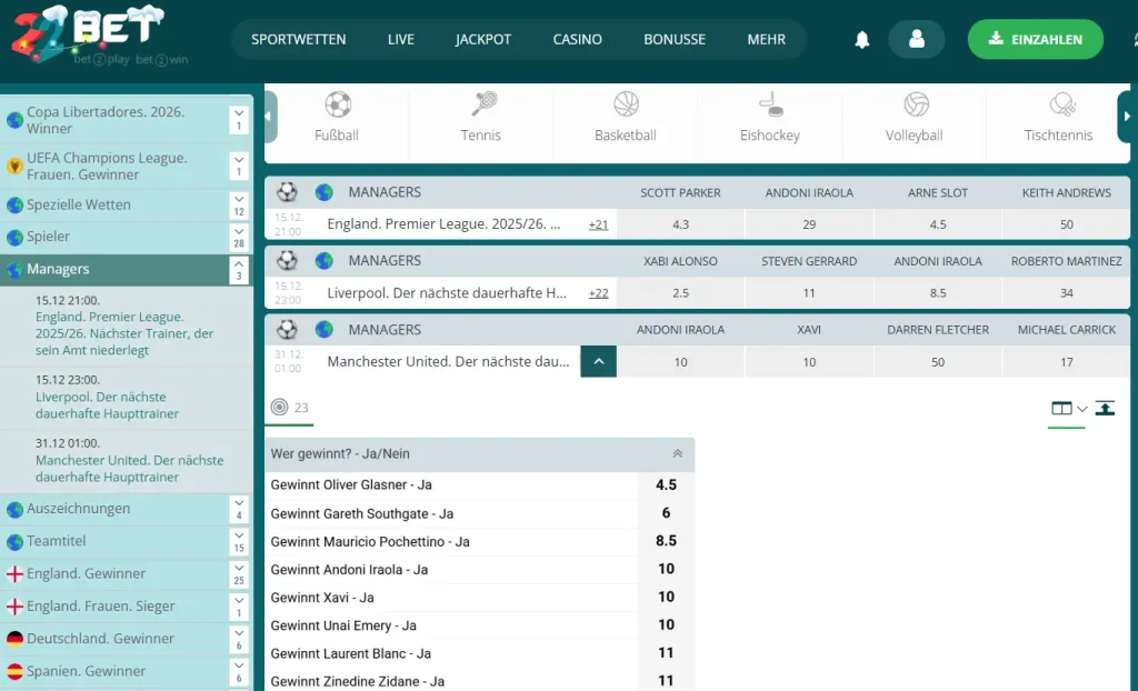 Einblick in die Auswahl fuer Trainer Wetten beim Online Buchmacher 22bet