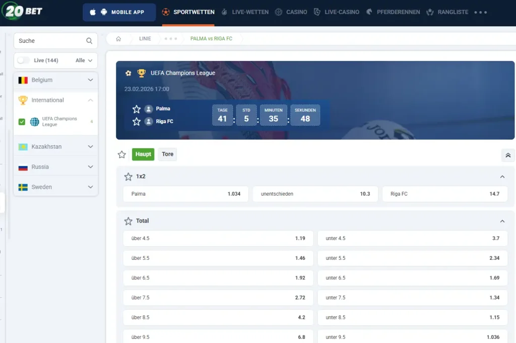 Futsal Wettquoten auf das UEFA Champions League Spiel zwischen Palma und Riga
