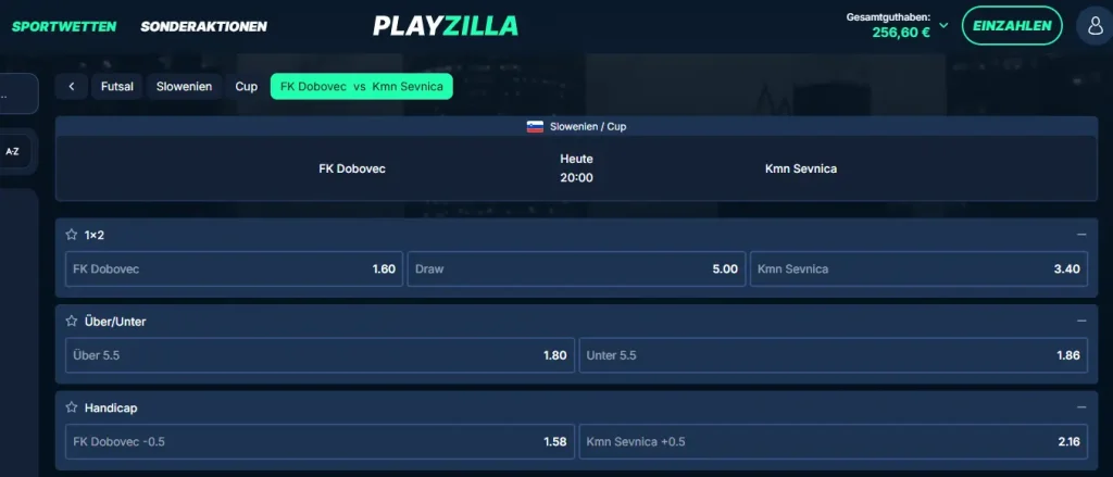 Futsal Wettmaerkte fuer das Spiel zwischen FK Dobovec und Sevnica im Slowenien Cup