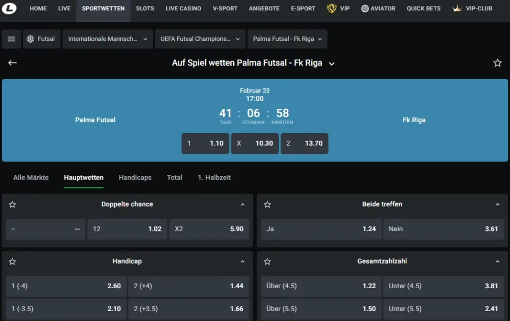 Einblick in die Futsal Wettquoten auf das UEFA Champions League Spiel zwischen Palma und FK Riga