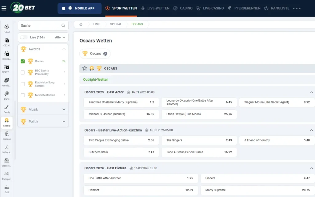 Wettquoten Oscars 2026 von 20Bet
