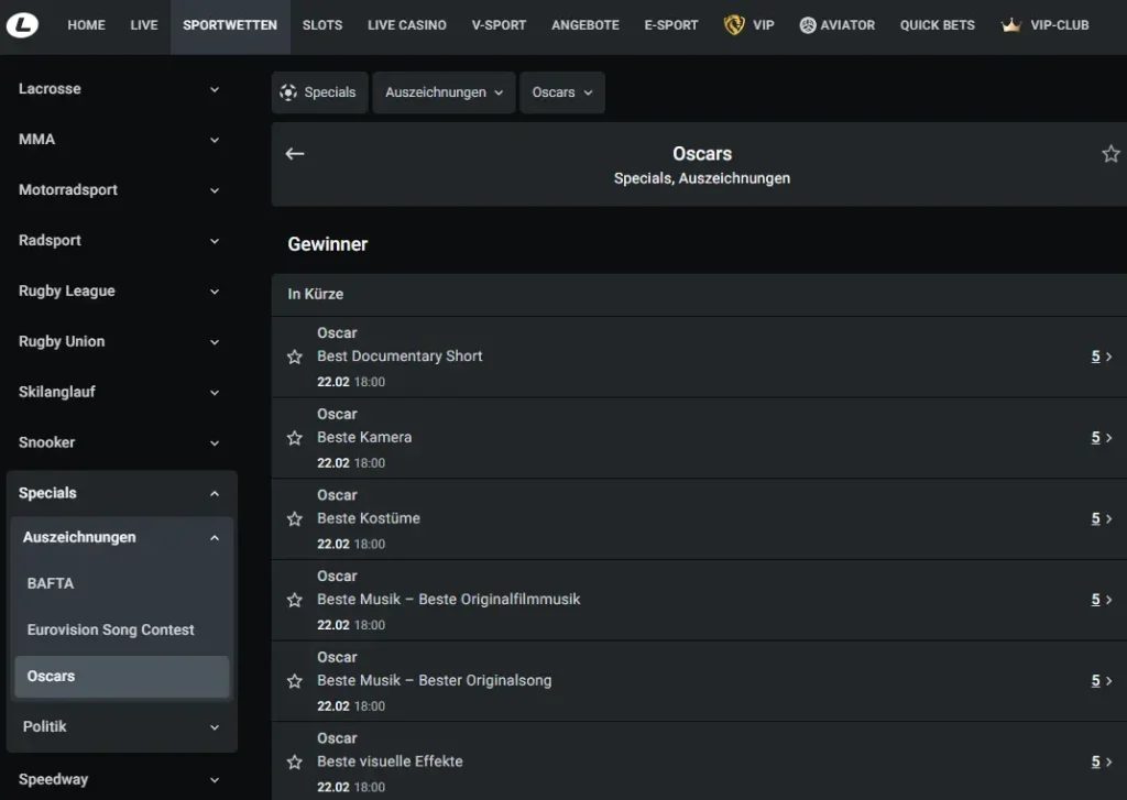 Oscar 2026 Wettquoten von Leonbet