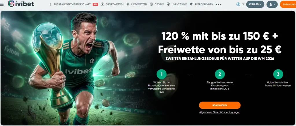 Einzahlungsbonus auf die zweite Einzahlung fuer WM 26 Wetten von Ivibet