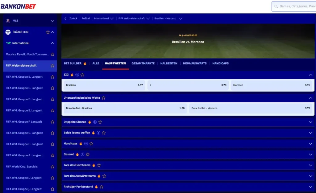 WM 2026 Wettquoten auf das Match zwischen Brasilien und Marokko bei Bankonbet