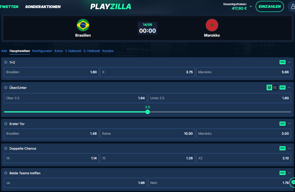 WM 2026 Quoten auf das Match zwischen Brasilien und Marokko bei PlayZilla