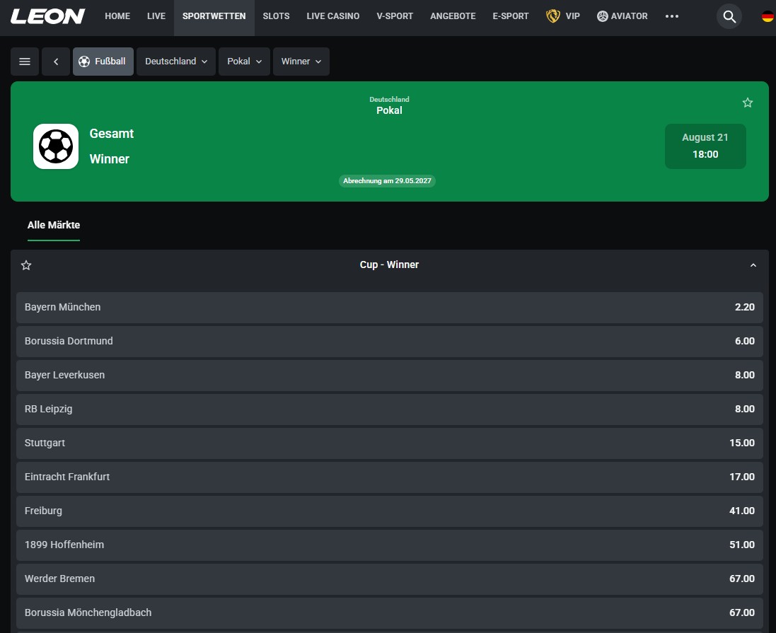 DFB Pokal SIegerquoten bei Leonbet